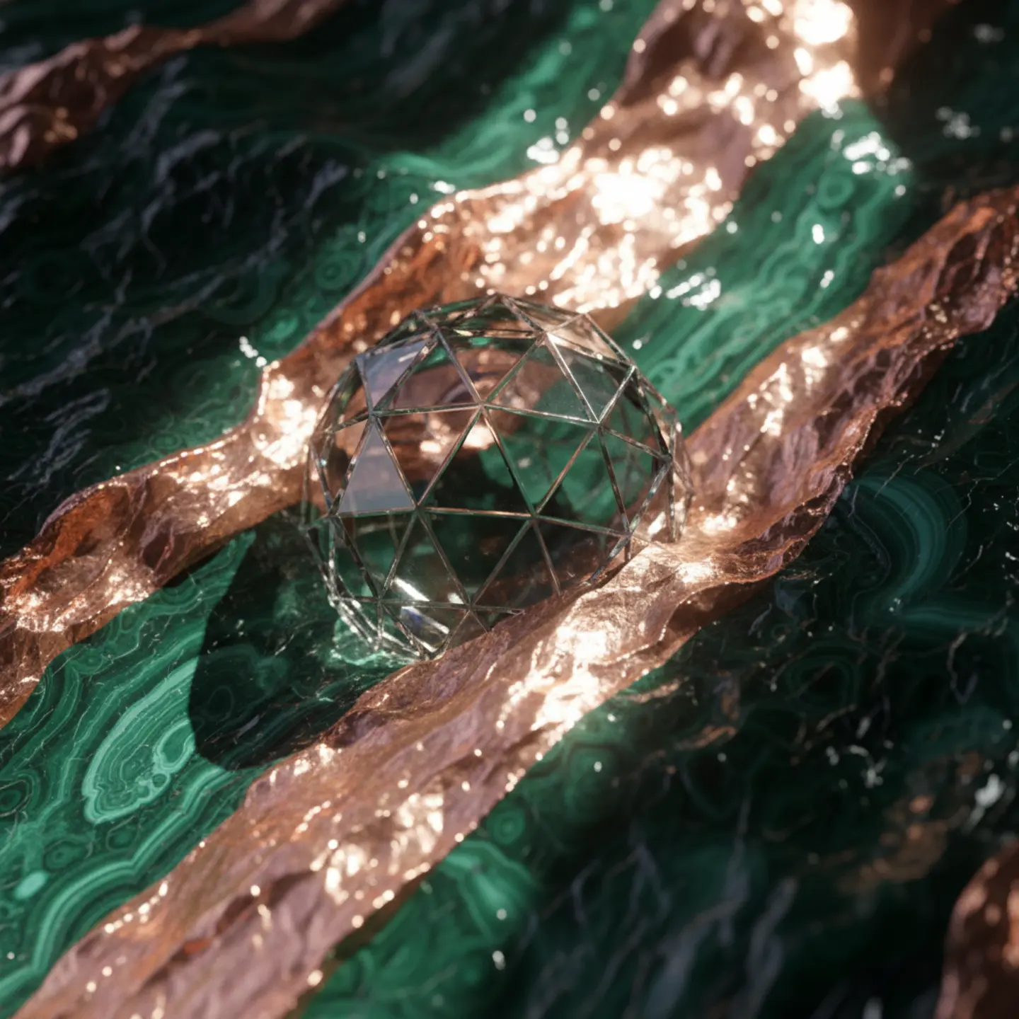 A glowing geometric lottery sphere embedded in raw crystalline rock